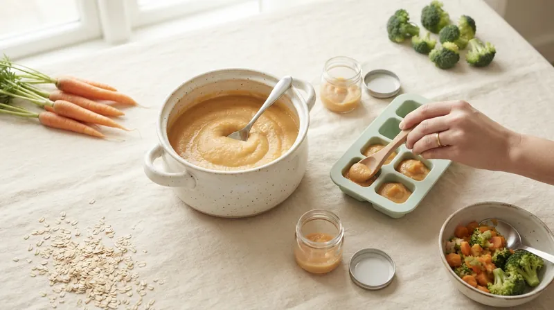 Vorgekochter Babybrei in Portionsbehältern zum Einfrieren