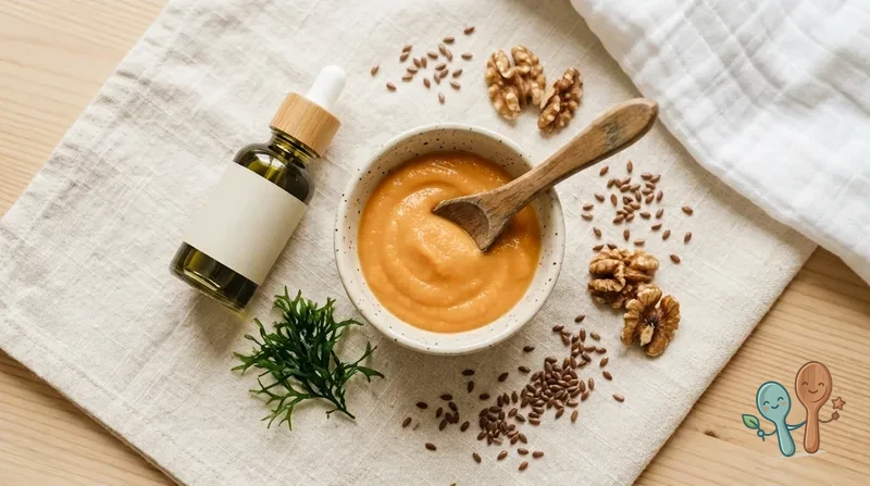 Fläschchen mit veganem Algenöl neben Leinsamen, Walnüssen und einem Baby-Breischälchen