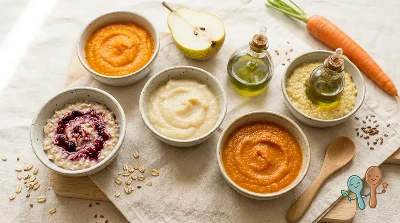 Fünf Schälchen mit veganen Babybreien: Möhre, Hirse-Apfel, Pastinake, Linsen-Gemüse und Haferbrei