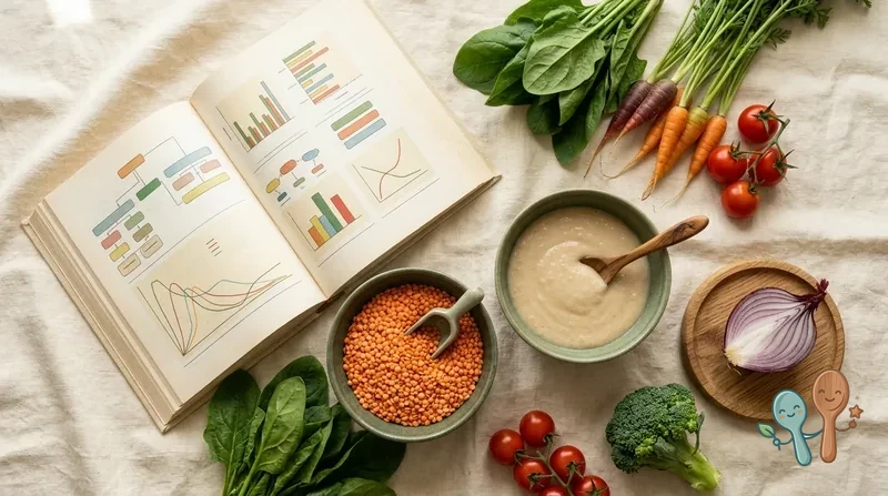 Aufgeschlagenes Buch mit Studien, dazu frisches Gemüse, Hülsenfrüchte und ein Baby-Breischälchen auf cremefarbenem Tisch