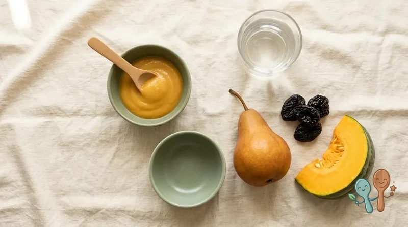 Birne, Pflaumen, Kürbis und ein Glas Wasser neben einem Baby-Breischälchen auf cremefarbenem Tisch